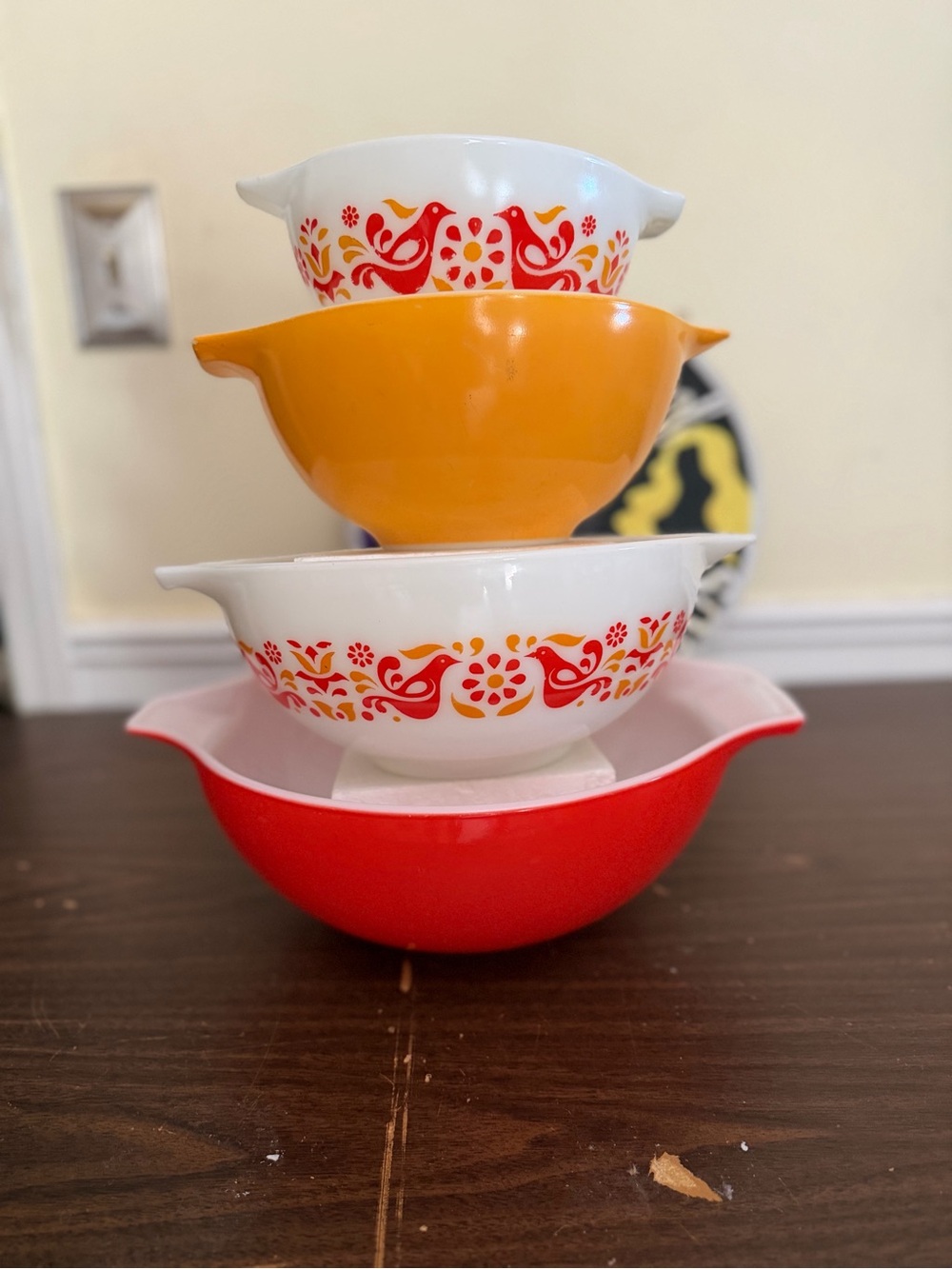 Pyrex Retro Stacking Mixing Bowl Set - Red, Orange, White with Floral Bird Motif